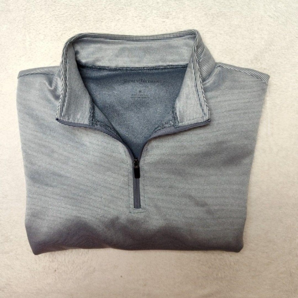 Hickey Freeman Sweater Mens M Gray Striped 1/4 Zip Pullover Golf Stretch Work